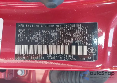 2019 Toyota Corolla Se from USA, damaged, VIN 2T1BURHE9KC134371